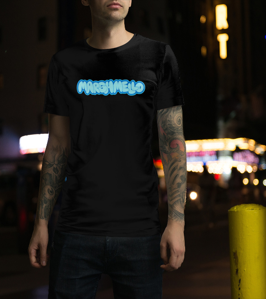 MARSHMELLO Bubble Style Logo Blue Text T-Shirt