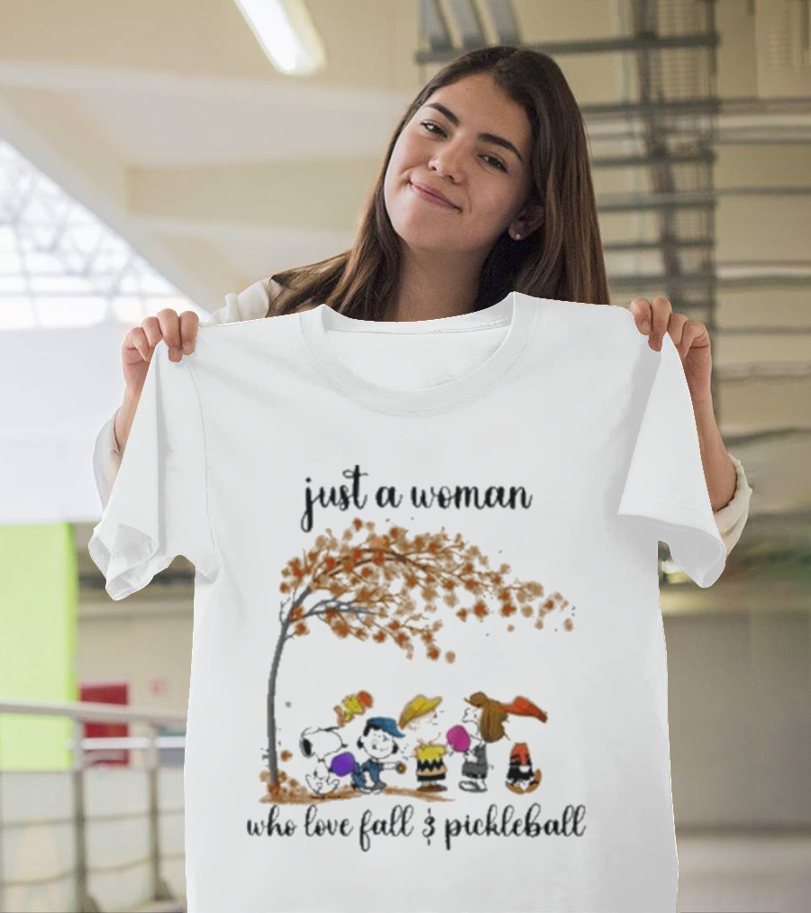 Just a Woman Who Loves Fall and Pickleball with Snoopy and Friends Under Autumn Tree T-Shirt