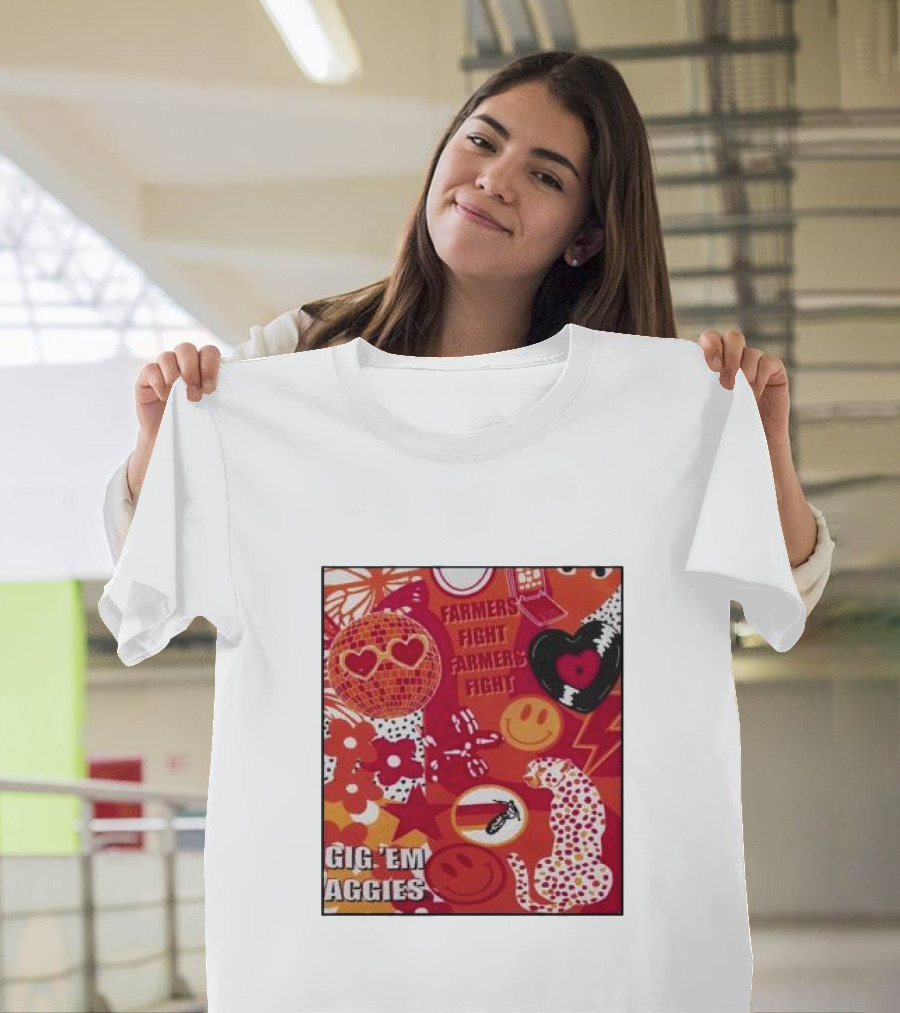 Gig 'em Aggies Farmers Fight Smiley Hearts and Floral T-Shirt
