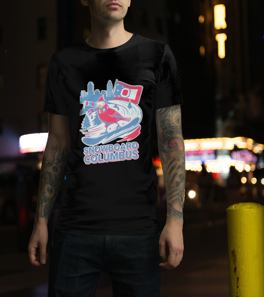 Snowboard Columbus Cardinal USA Snowboarding Animal Skyline Flag T-Shirt