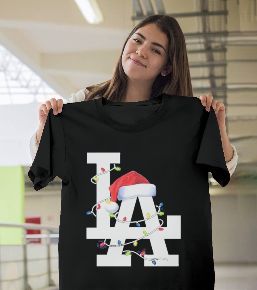 Los Angeles LA Merry Christmas Santa Hat Lights Holiday 2D T-Shirt