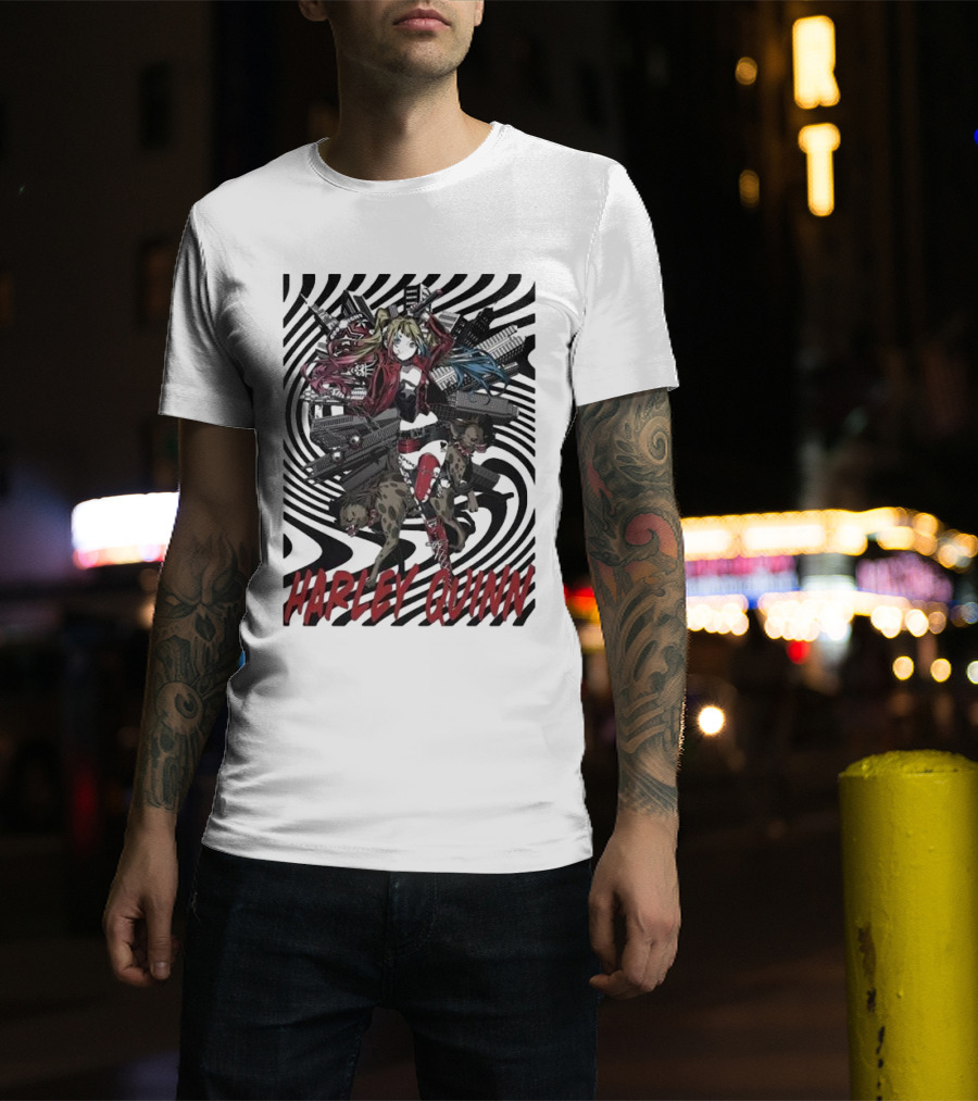 HARLEY QUINN Black And White Spiral With Hyenas T-Shirt