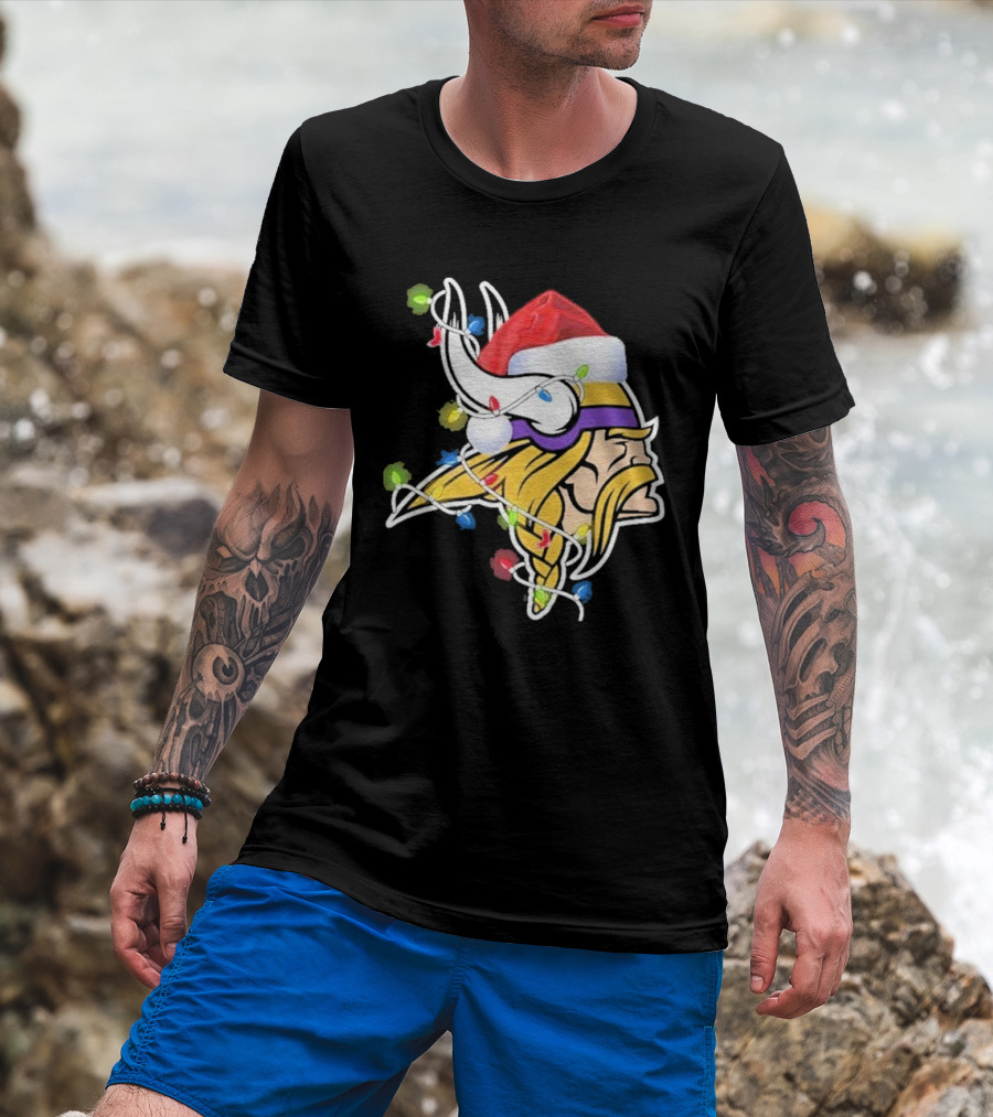 Minnesota Vikings Merry Christmas 2D Santa Hat Lights T-Shirt