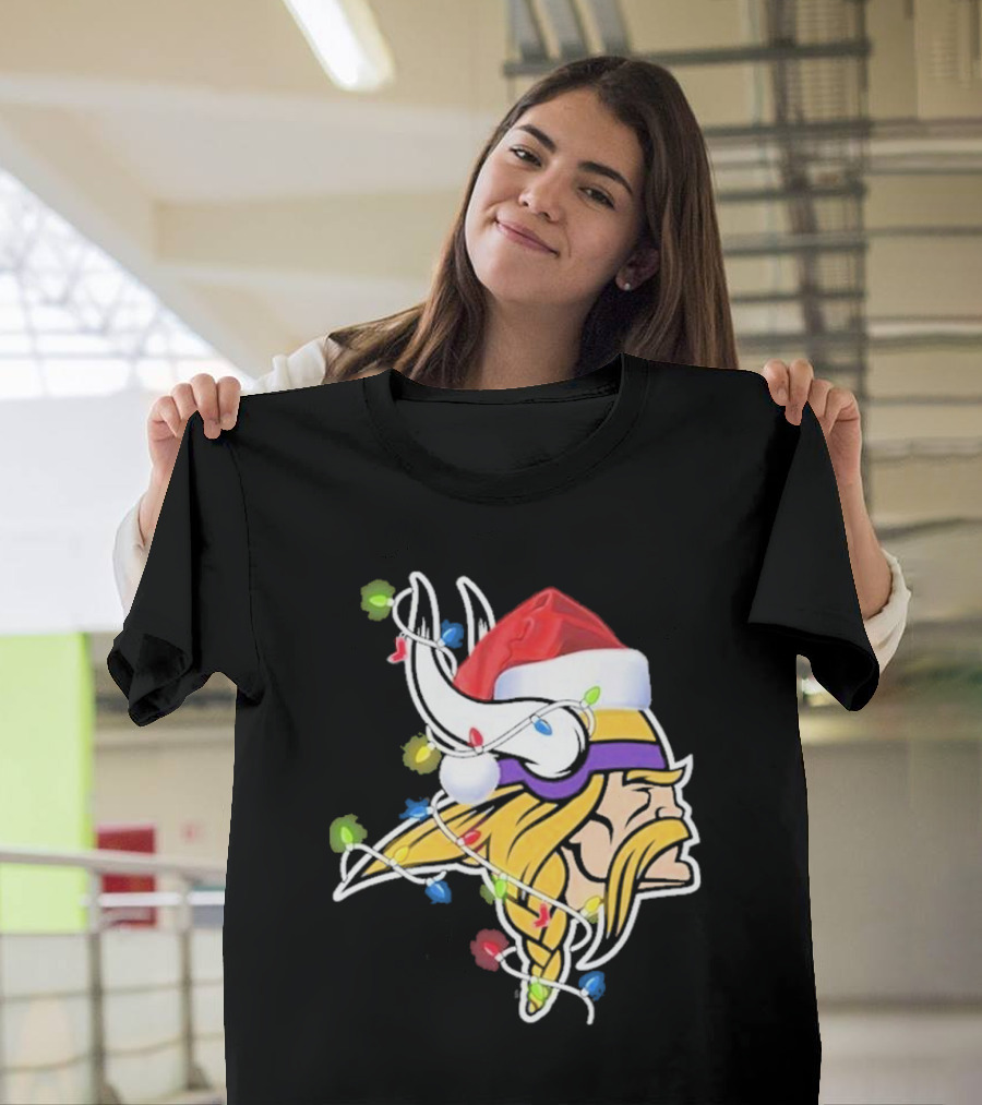 Minnesota Vikings Merry Christmas 2D Santa Hat Lights T-Shirt