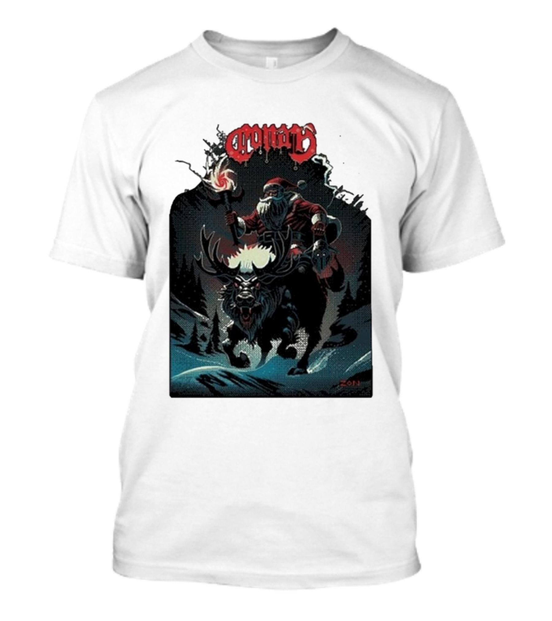 Conan Merry Chrushmas Santa Riding Mythical Beast Torch Dark Forest Scene T-Shirt