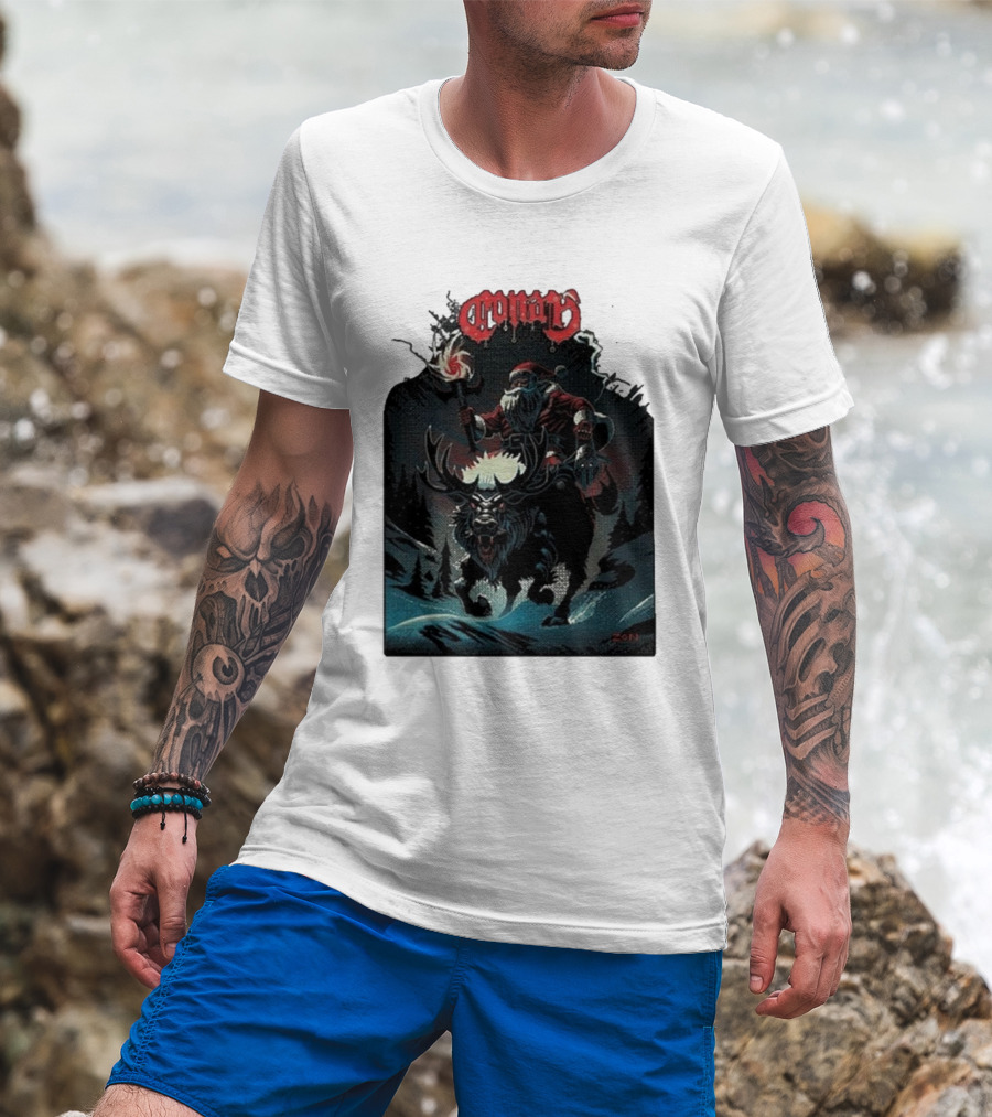 Conan Merry Chrushmas Santa Riding Mythical Beast Torch Dark Forest Scene T-Shirt