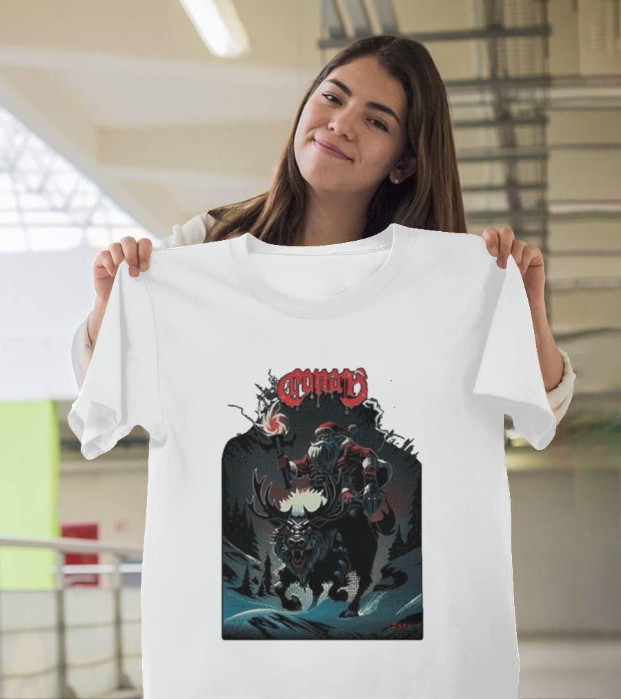 Conan Merry Chrushmas Santa Riding Mythical Beast Torch Dark Forest Scene T-Shirt