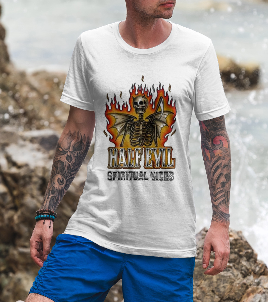 Half Evil Spiritual Vices Flaming Winged Skeleton T-Shirt