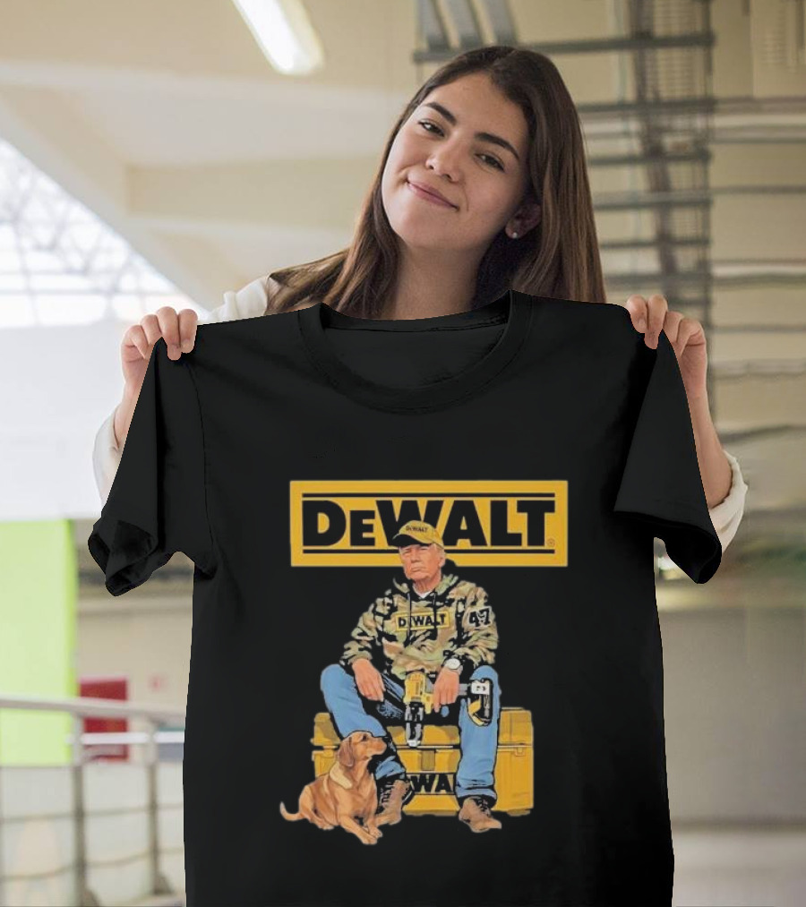 DEWALT Toolbox Camouflage Jacket 47 Sitting on Toolbox with Dog T-Shirt