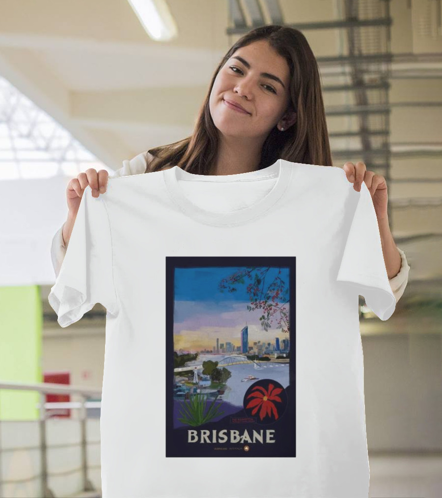 Brisbane Cityscape with Riverside and Floral Elements T-Shirt