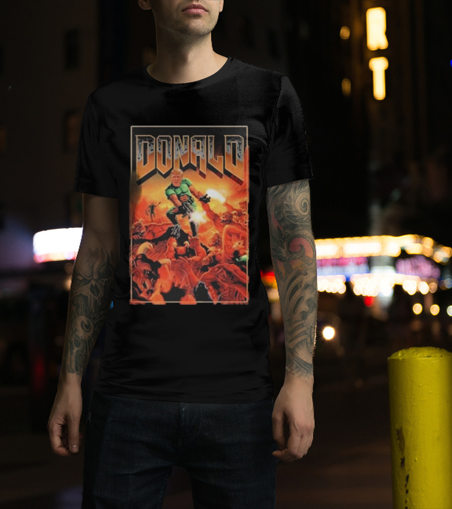 Donald Doom Slayer In Hellfire Battle Scene T-Shirt