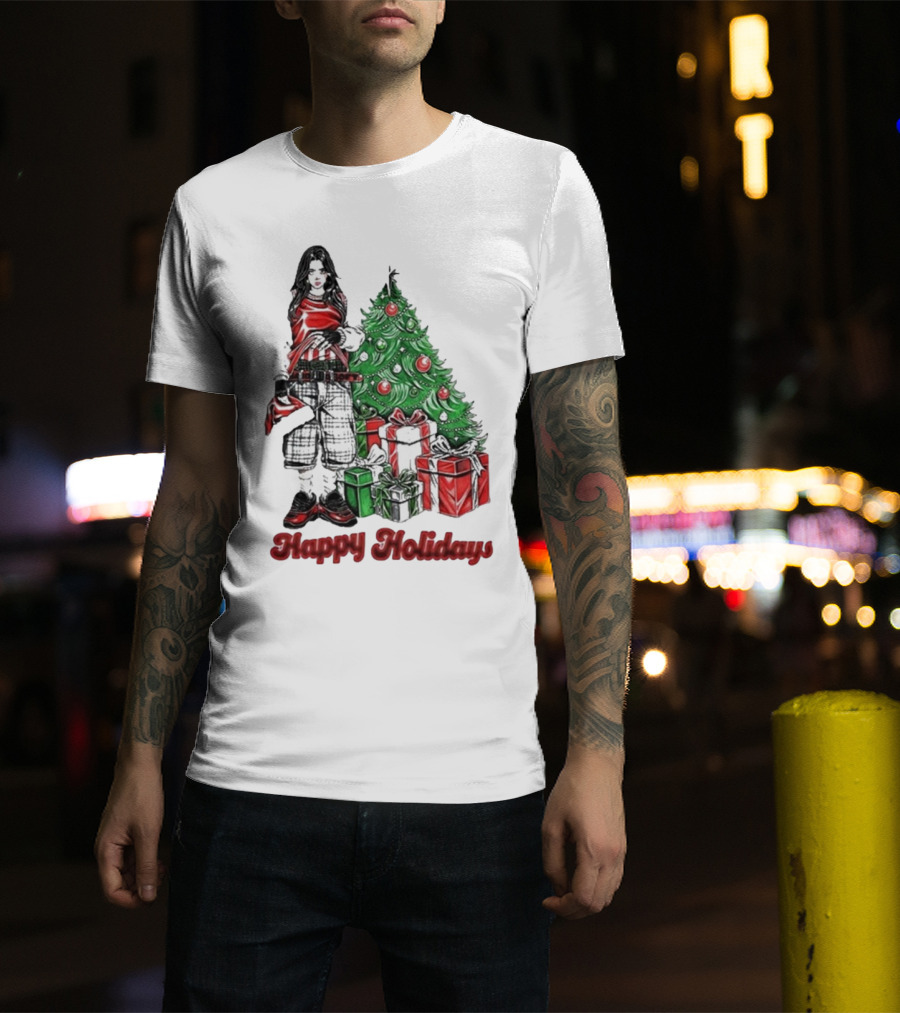 Billie Eilish Happy Holidays Christmas Tree Presents T-Shirt