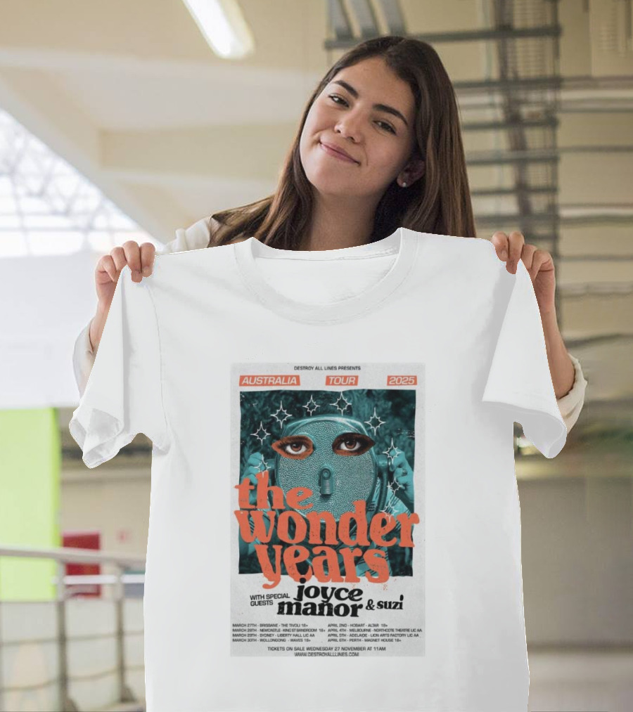 The Wonder Years Australia Tour 2025 with Joyce Manor and Suzi Featuring Unique Futuristic T-Shirt
