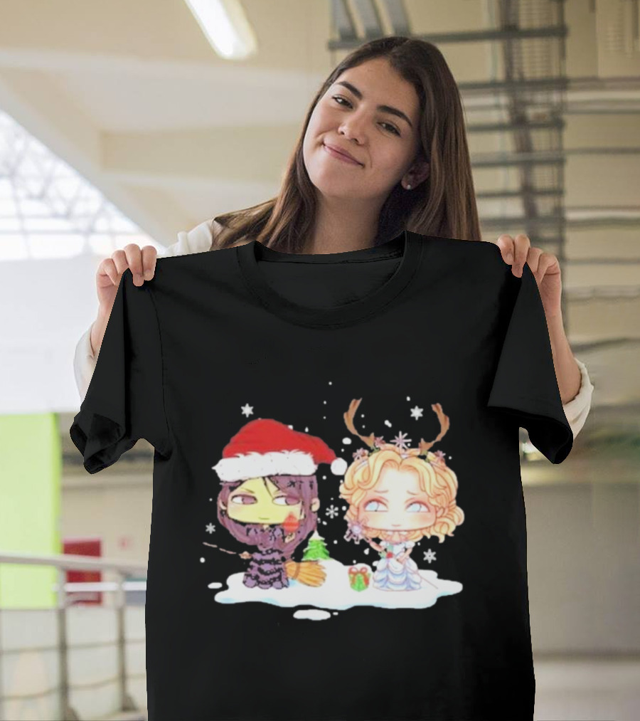 Wicked Merry Christmas Witch And Reindeer Characters Snowflakes T-Shirt