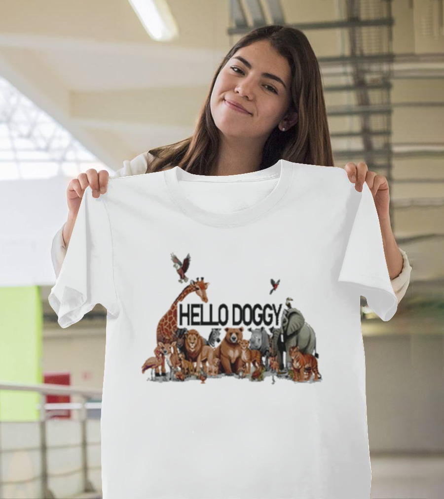 Hello Doggy Wildlife Animal Gathering with Giraffe Elephant Tiger and More T-Shirt