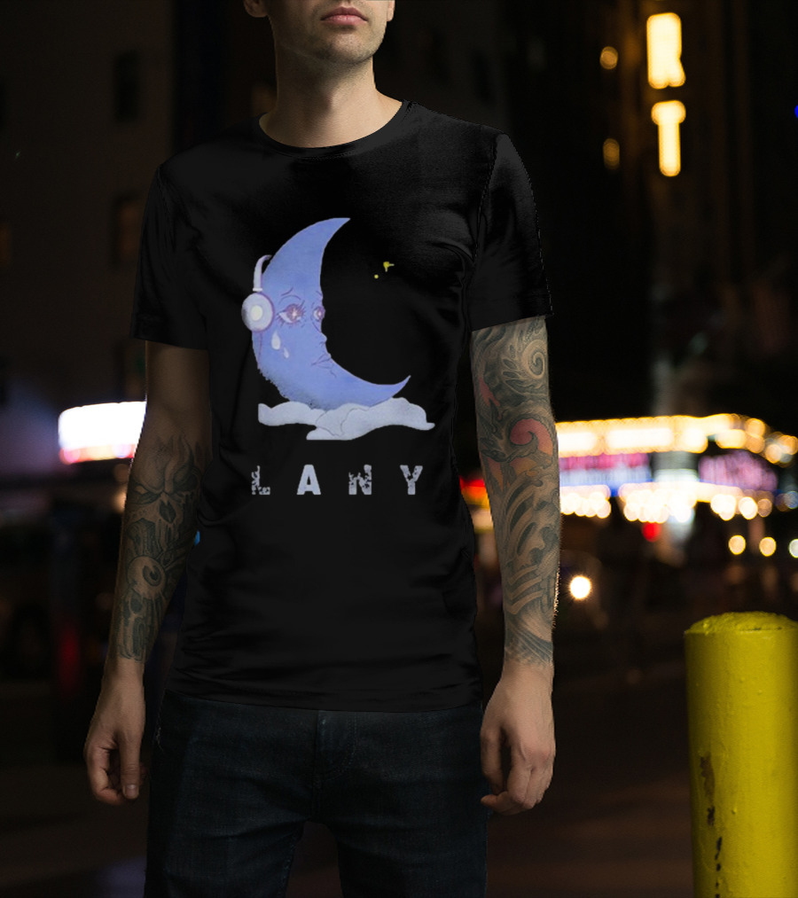Lany Moon Crying Blue Crescent With Headphones And Clouds T-Shirt