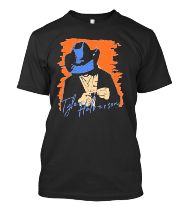 Tyler Halverson Cowboy Hat Blue Bandana Orange Background T-Shirt
