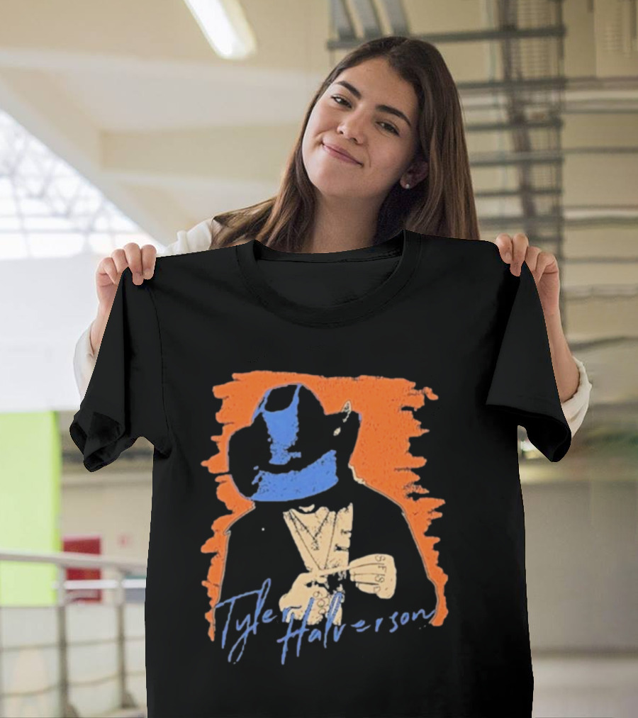 Tyler Halverson Cowboy Hat Blue Bandana Orange Background T-Shirt