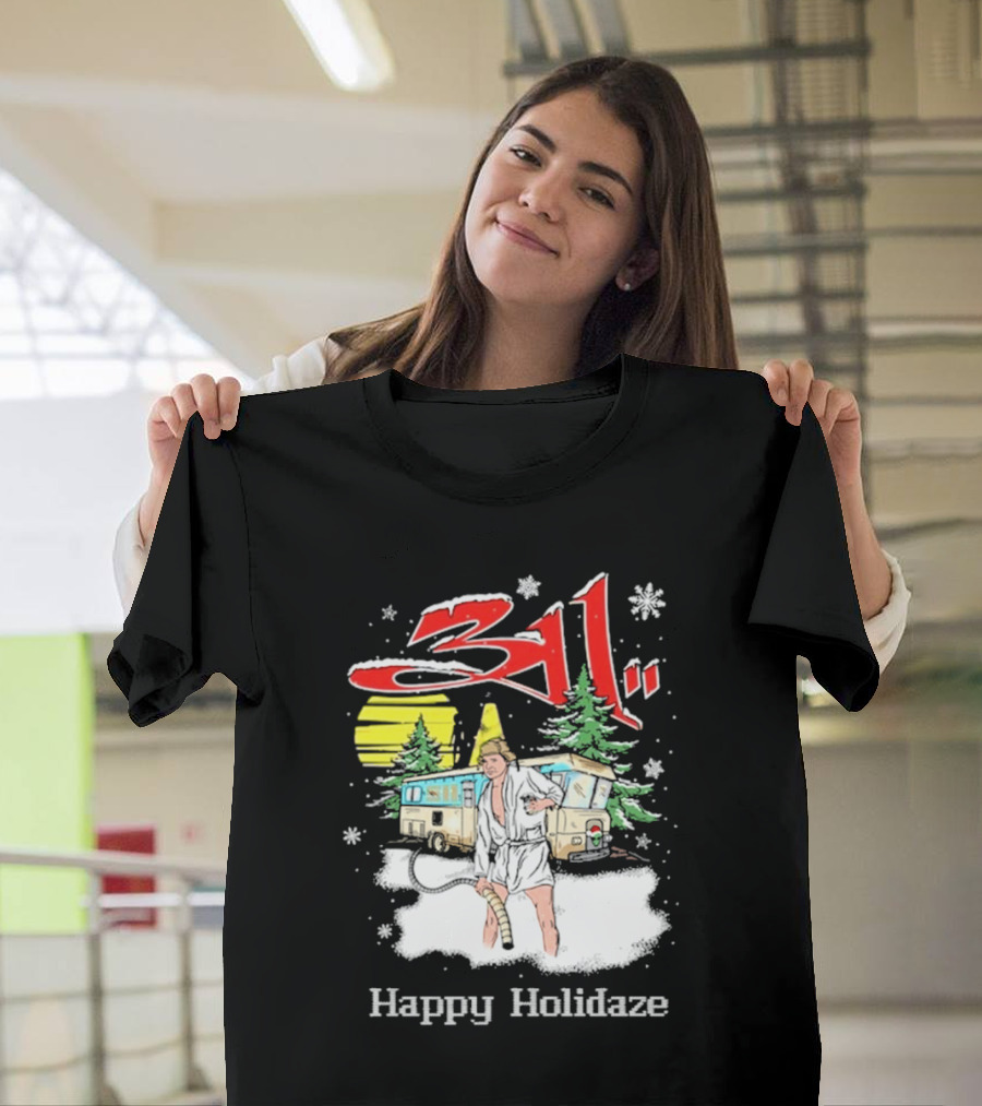 311 Happy Holidaze Christmas Vacation Scene with RV and Snowy Trees T-Shirt