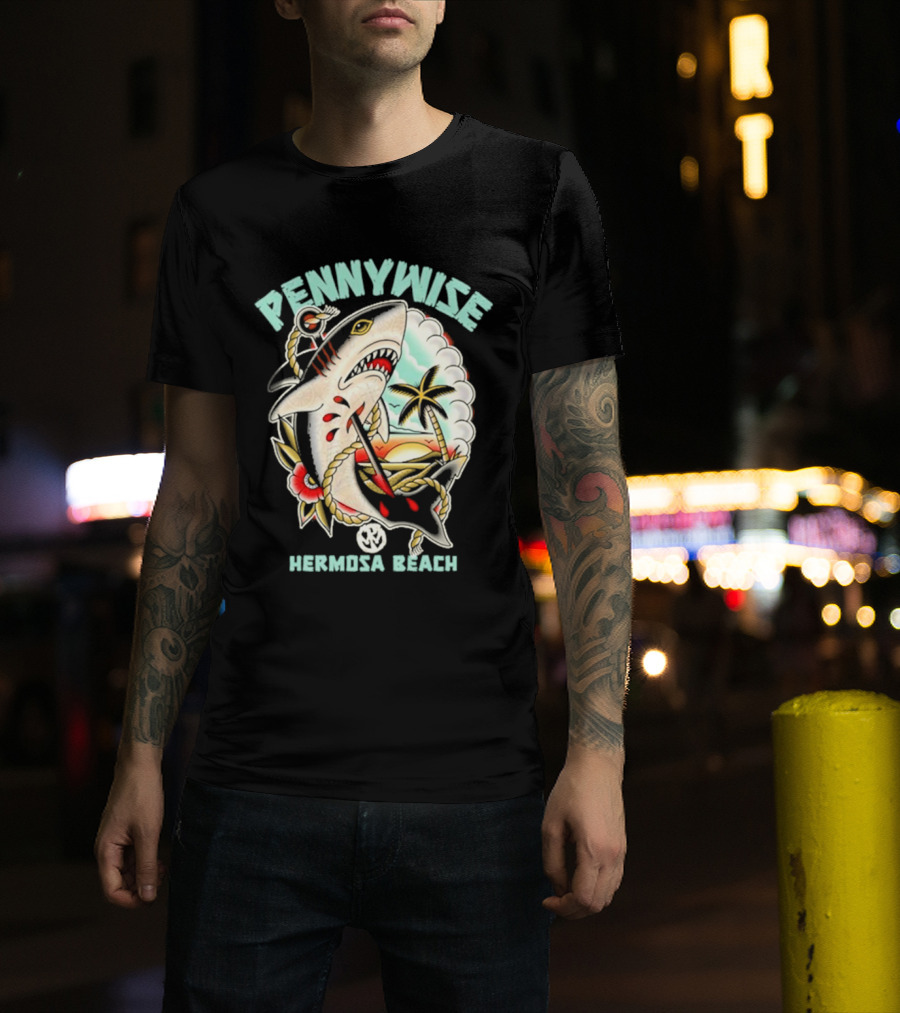 Pennywise Shark Hermosa Beach Sunset Palm Tattoo T-Shirt