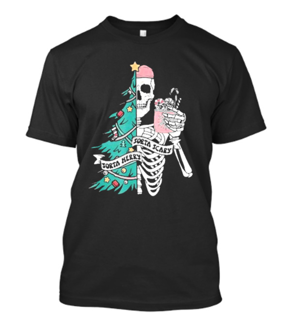 Sorta Merry Sorta Scary Christmas 2024 Skeleton And Tree With Drink T-Shirt