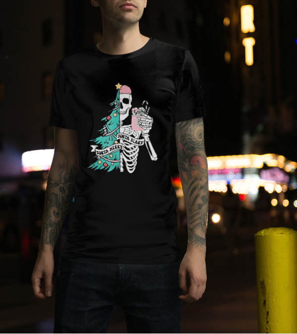 Sorta Merry Sorta Scary Christmas 2024 Skeleton And Tree With Drink T-Shirt