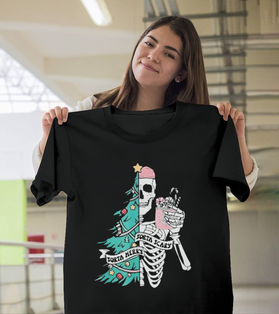 Sorta Merry Sorta Scary Christmas 2024 Skeleton and Tree with Drink T-Shirt