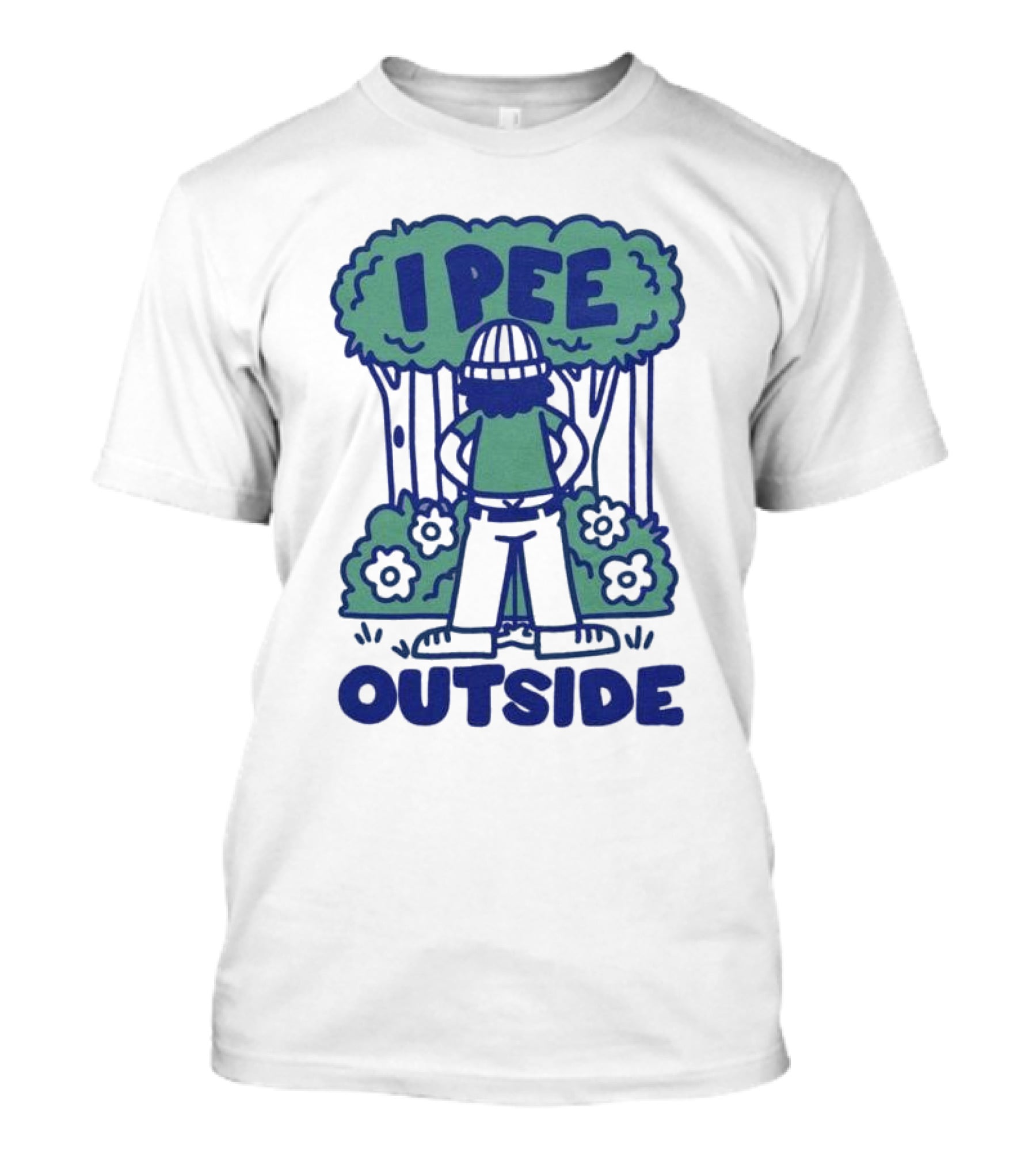 I Pee Outside Camper Cartoon In Forest Surrounded By Trees And Flowers T-Shirt