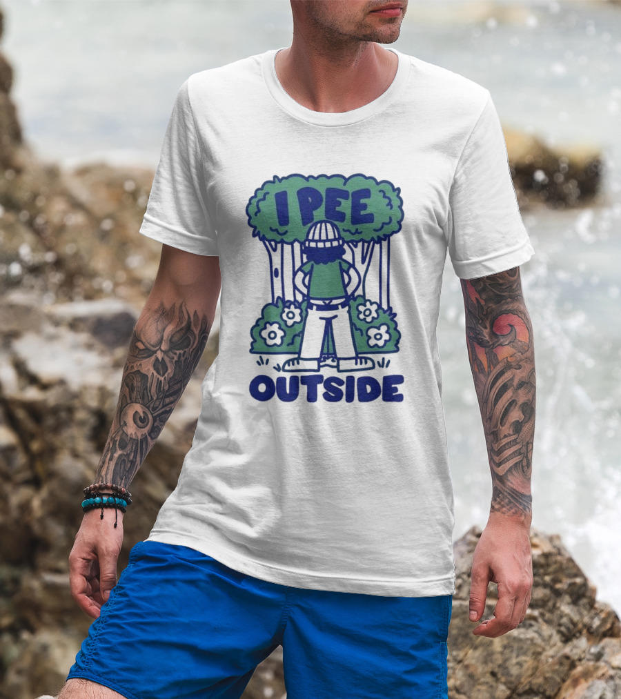 I Pee Outside Camper Cartoon In Forest Surrounded By Trees And Flowers T-Shirt