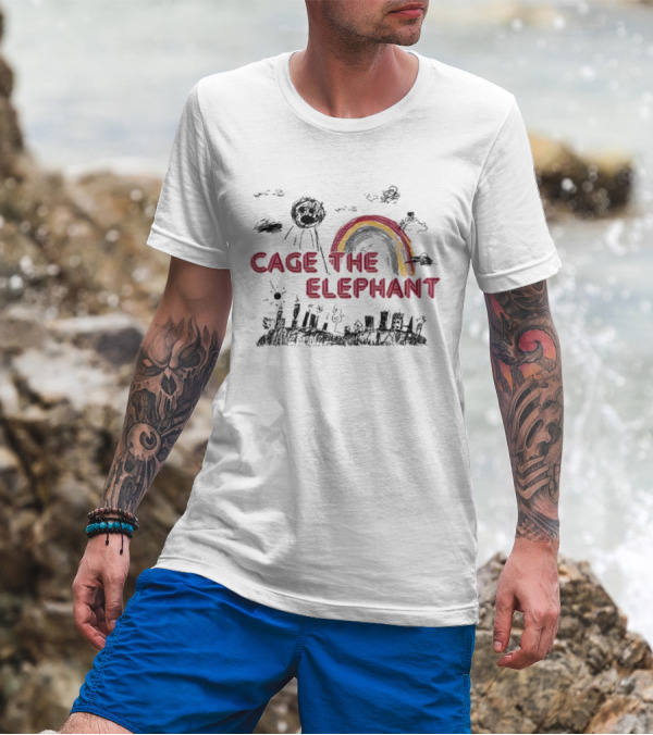 Cage The Elephant Rainbow Doodle With Scribbled Skyline And Clouds T-Shirt