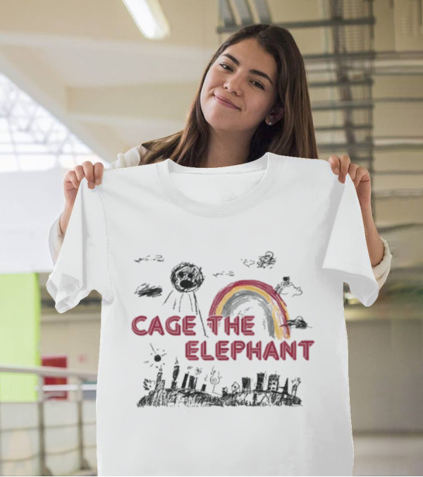 Cage The Elephant Rainbow Doodle With Scribbled Skyline And Clouds T-Shirt