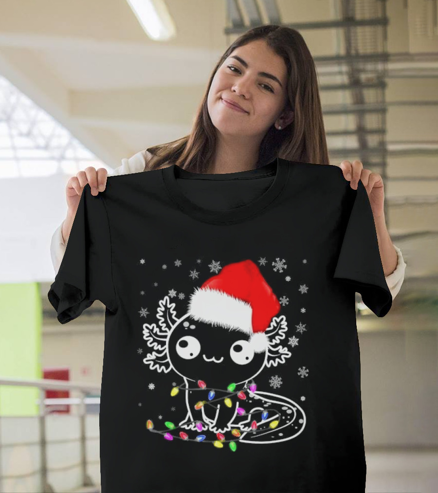 Santa Hat Axolotl Wrapped in Colorful Christmas Lights and Falling Snowflakes T-Shirt