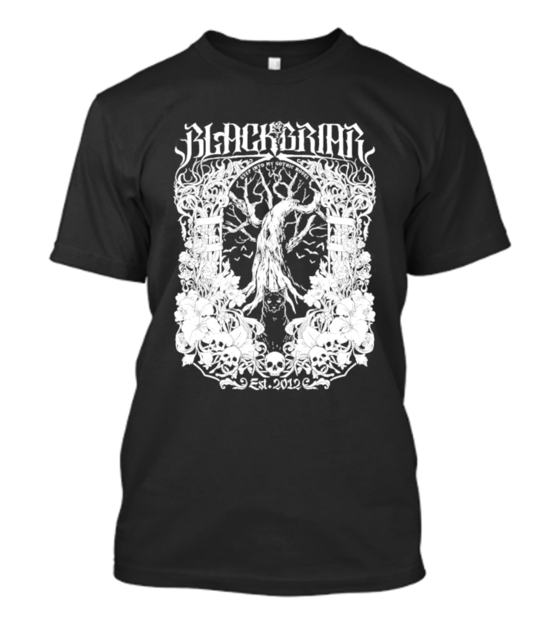 Blackbriar Gothic Novel Est. 2012 Tree Skulls Floral T-Shirt