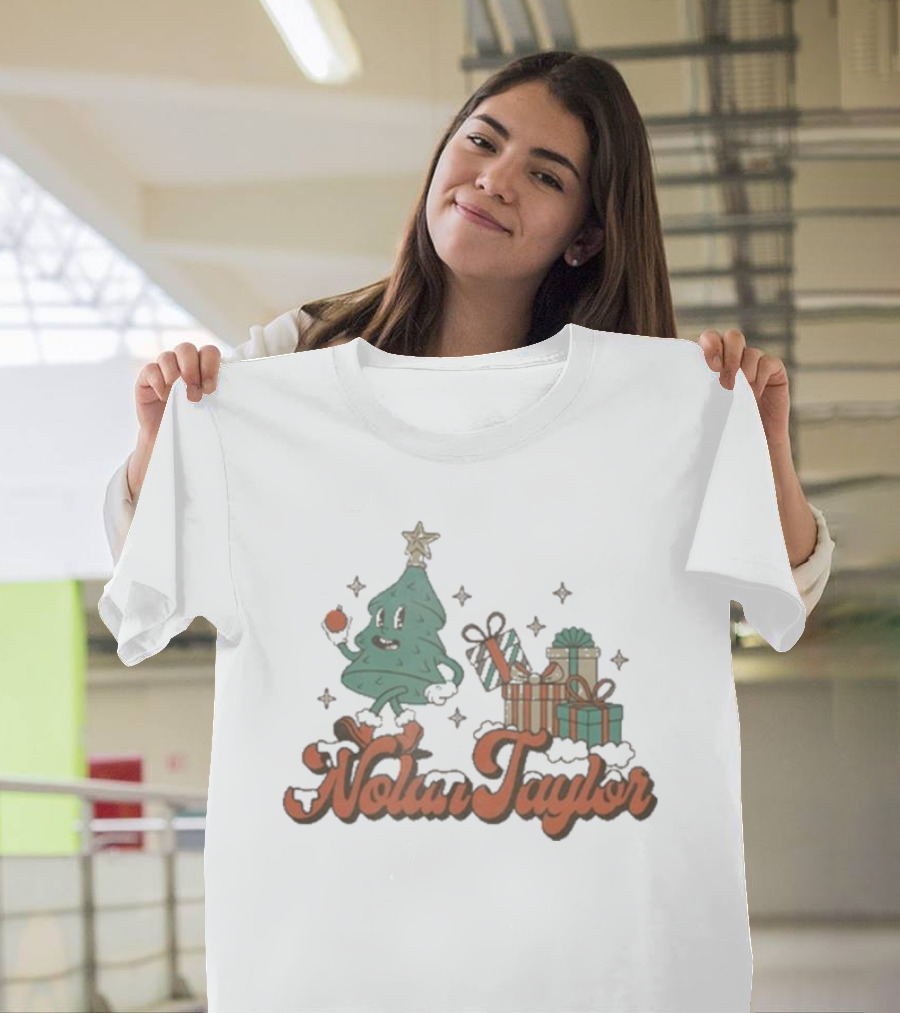 Nolan Taylor Festive Christmas Tree with Gifts and Snowy Stars T-Shirt