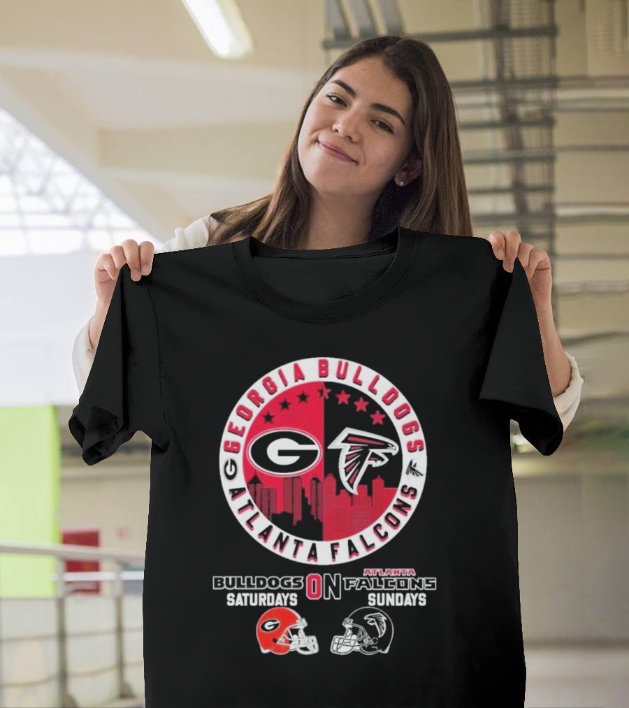Georgia Bulldogs Atlanta Falcons Logo Saturdays Sundays Helmets Skyline T-Shirt