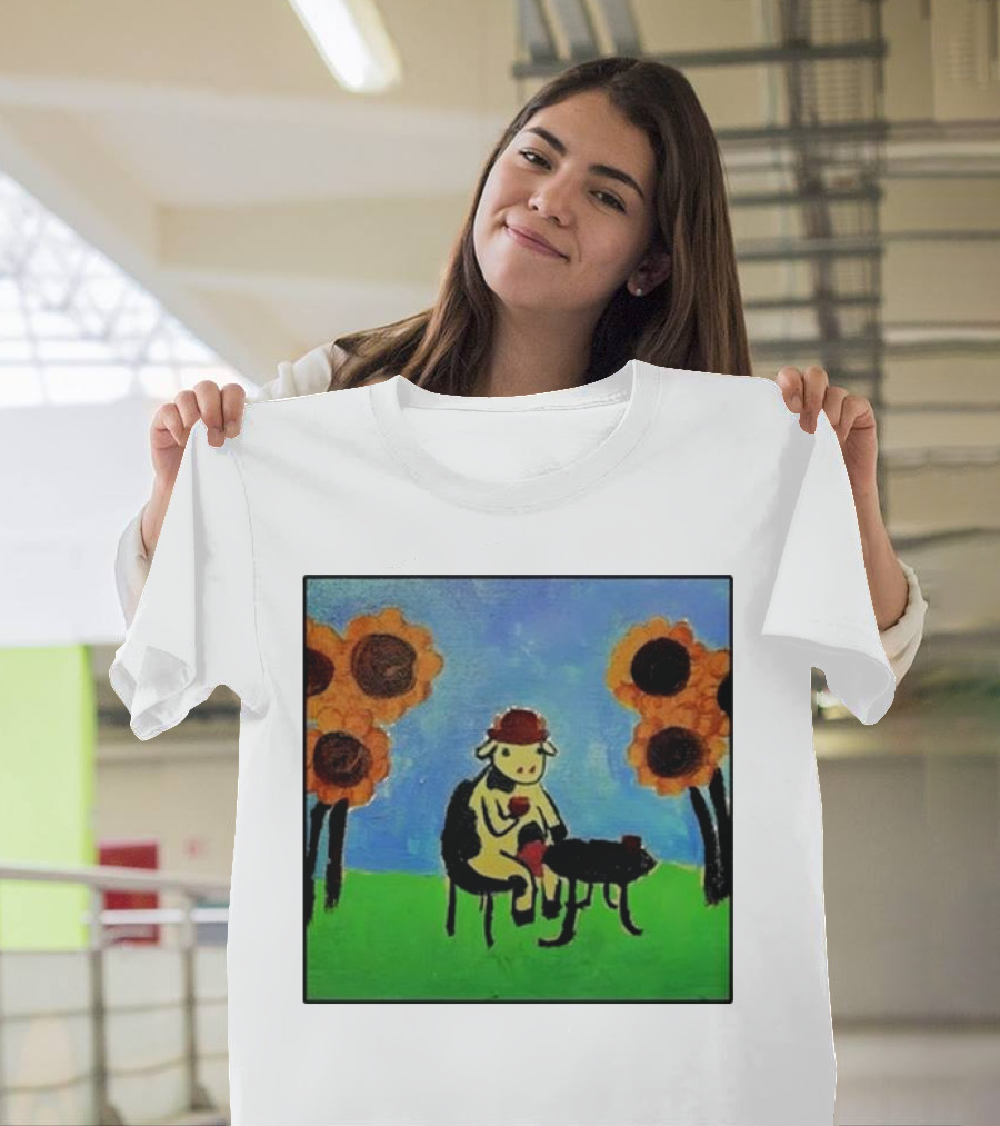 Cow with Hat Enjoying Drink in Flower Field Painting T-Shirt
