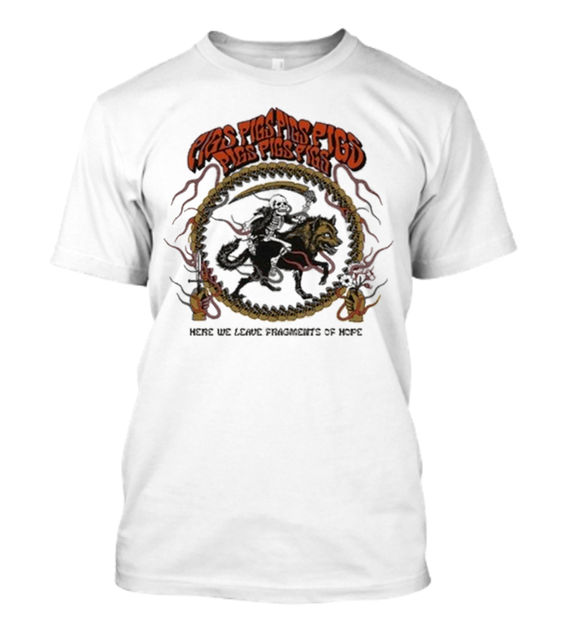 Pigsx7 Riding Skeleton And Wolf With Here We Leave Fragments Of Hope Text T-Shirt
