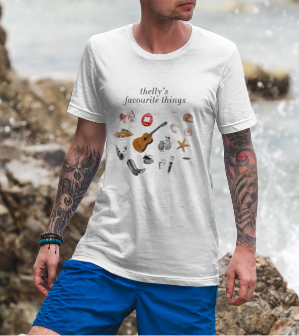Thelly's Favourite Things Guitar Animals Microphone Starfish Shells Cowboy Boot Bow Pasta Tamagotchi T-Shirt