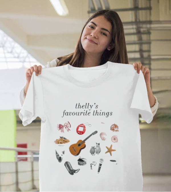 Thelly's Favourite Things Guitar Animals Microphone Starfish Shells Cowboy Boot Bow Pasta Tamagotchi T-Shirt