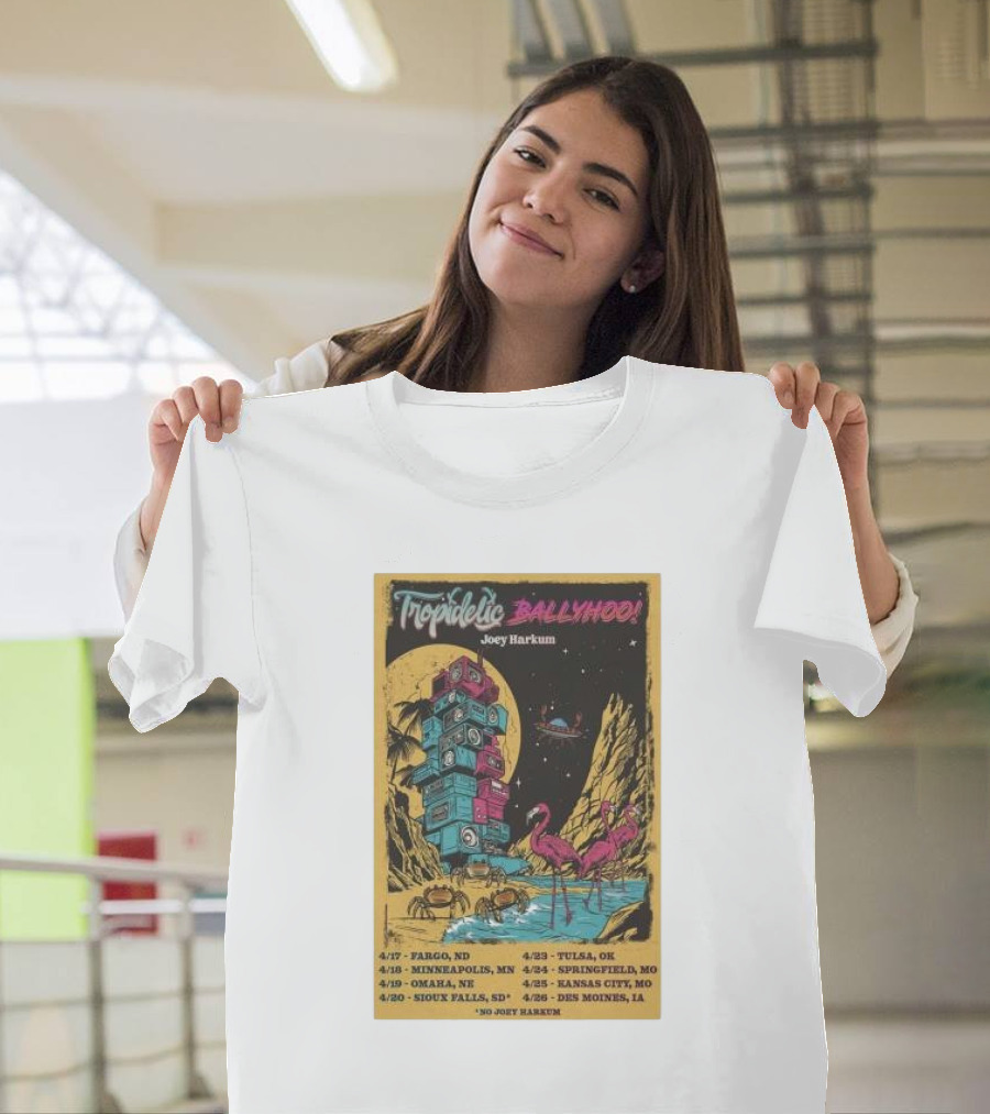 Tropidelic Ballyhoo Joey Harkum April 2025 Tour Dates Flamingos Crabs Spaceship Cube Tower Moon T-Shirt