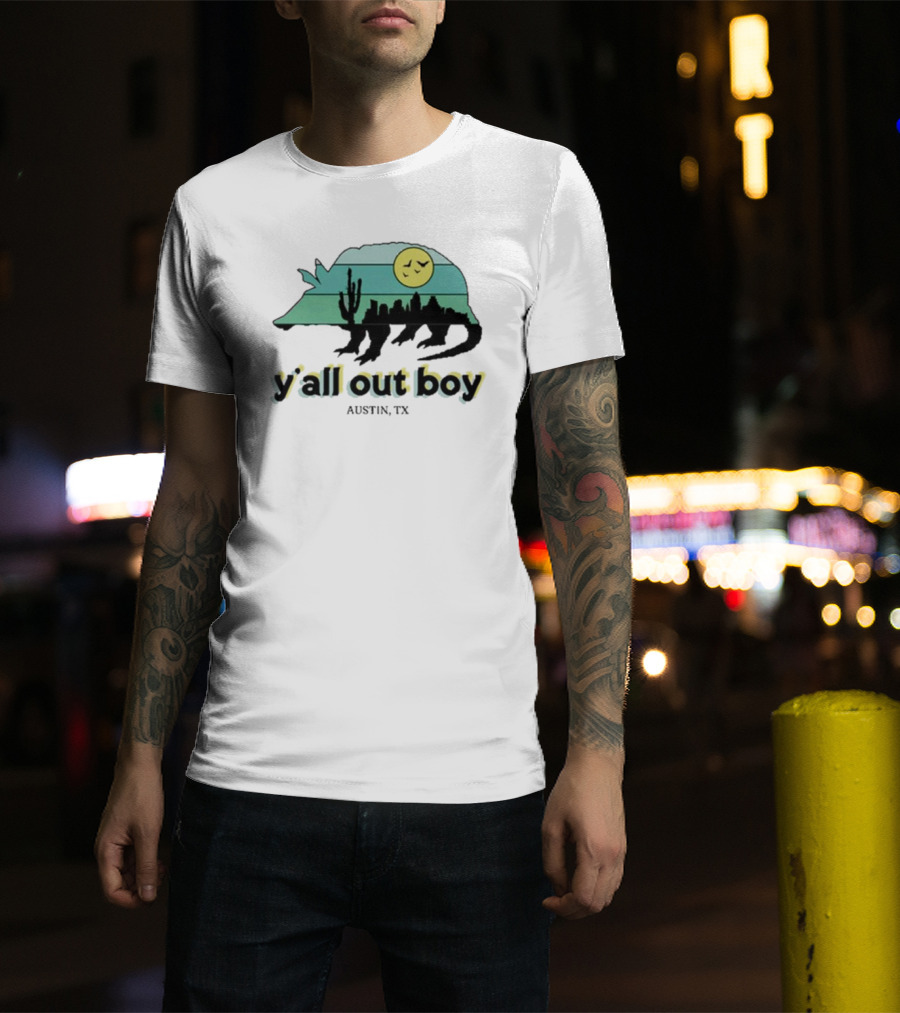 Y'all Out Boy Armadillo Austin TX Blue Gold Cactus Moon Skyline T-Shirt
