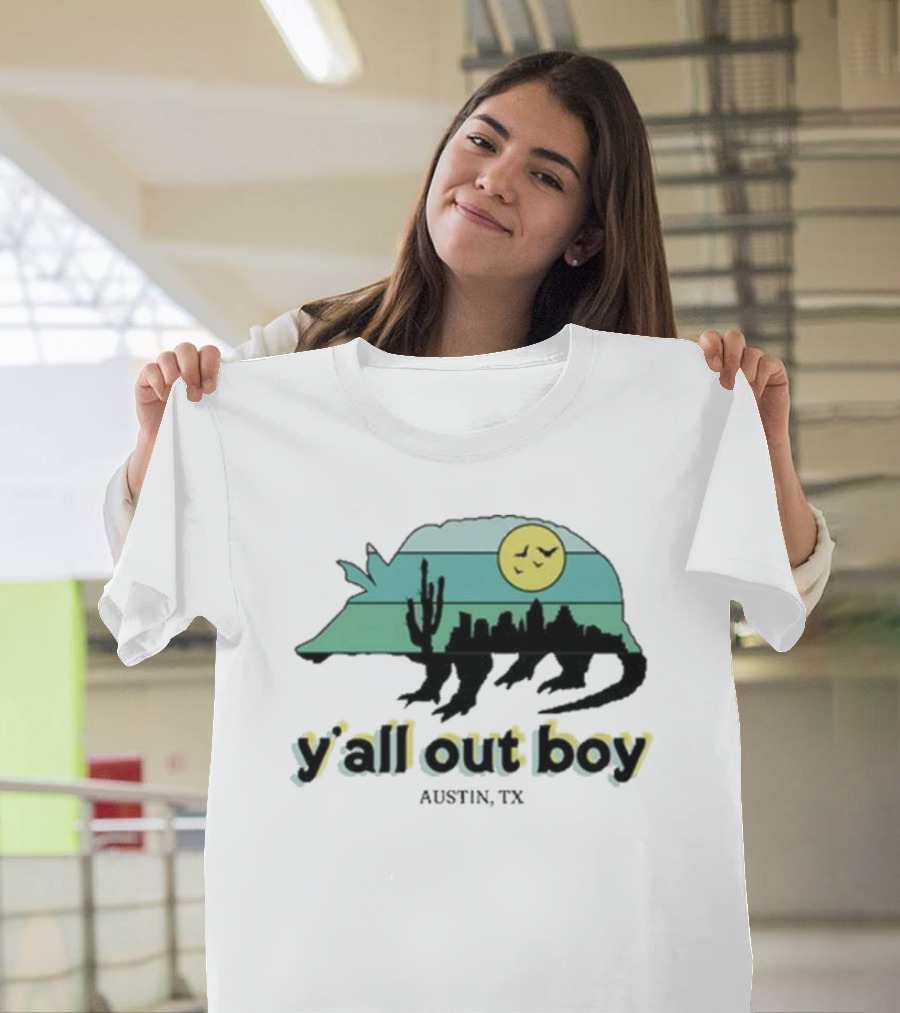Y'all Out Boy Armadillo Austin TX Blue Gold Cactus Moon Skyline T-Shirt