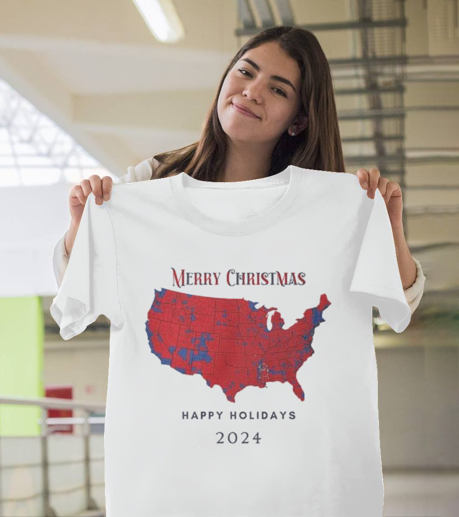 Merry Christmas 2024 Red Map Happy Holidays Republican Trump Election T-Shirt