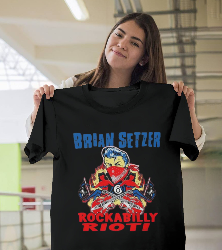 Brian Setzer Rockabilly Riot 8 Ball Flame Bandana Guitars T-Shirt