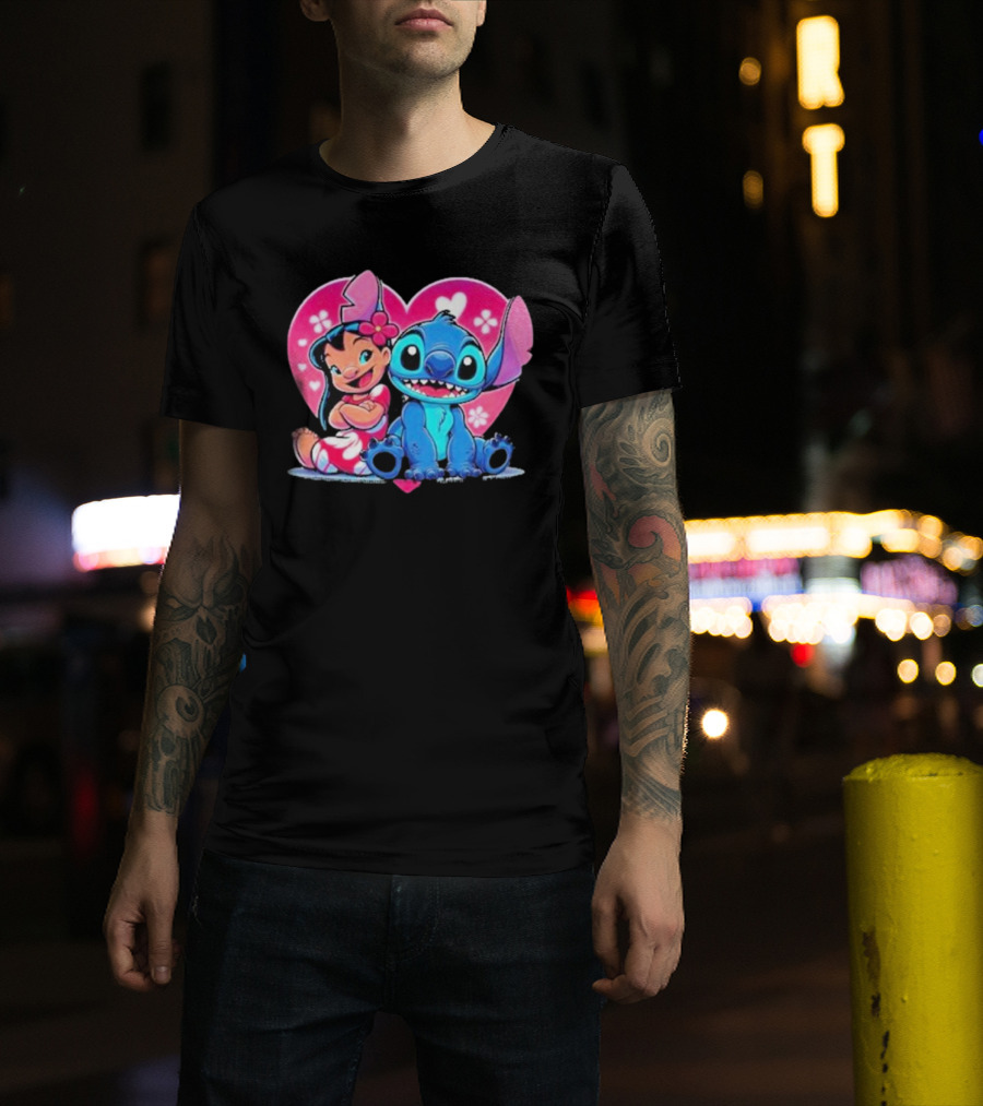 Lilo And Stitch Heart Background Pink Flower Ears Cute Characters T-Shirt