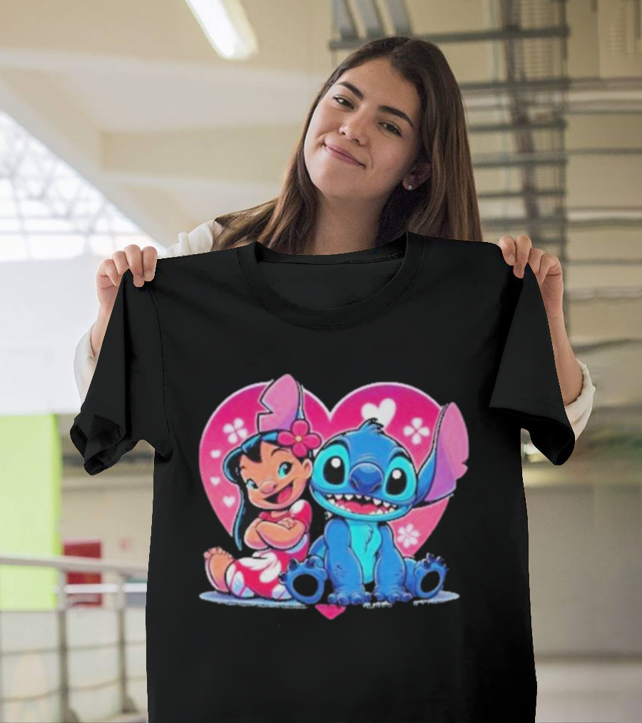 Lilo And Stitch Heart Background Pink Flower Ears Cute Characters T-Shirt