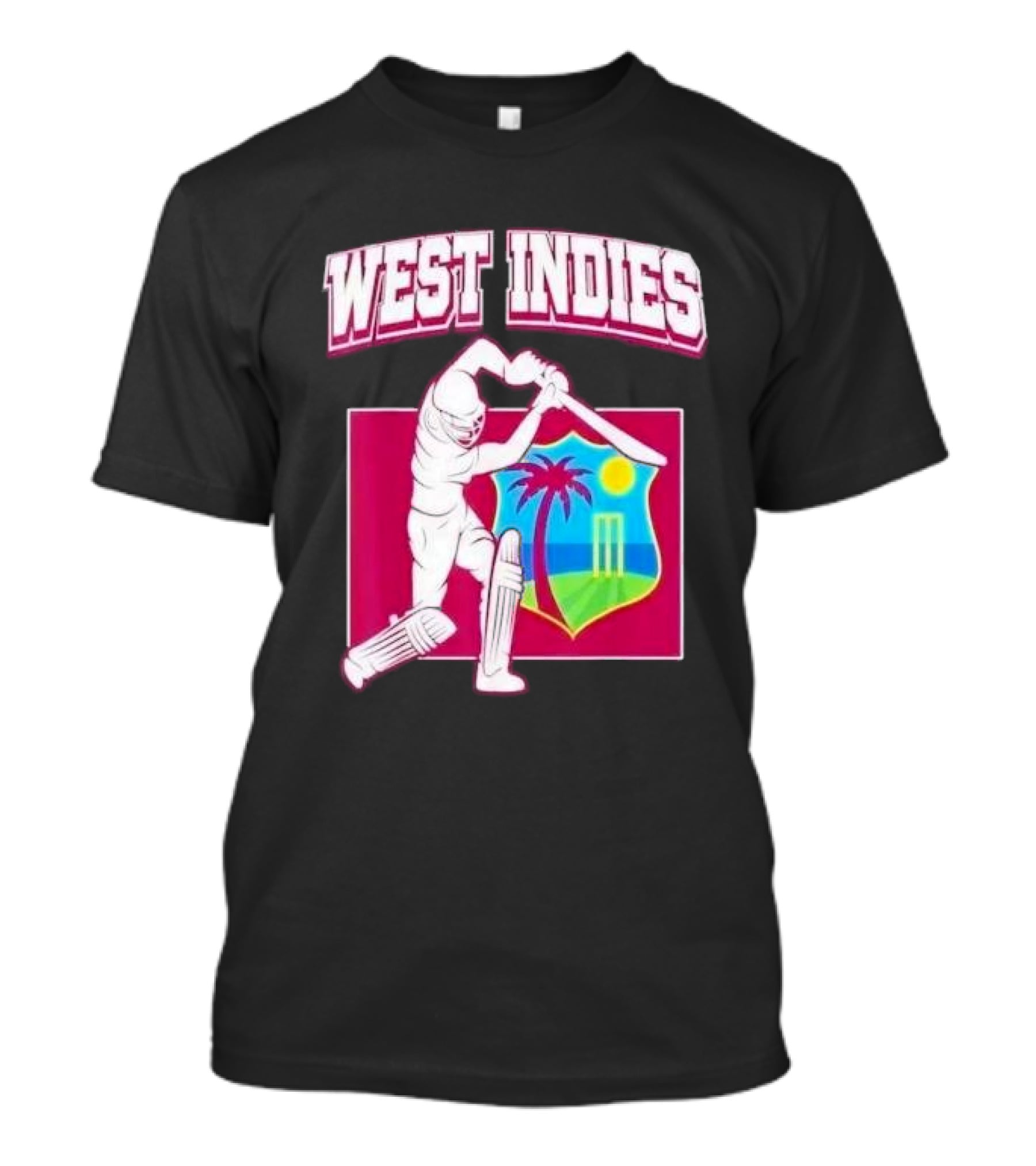 West Indies Cricket Windies Logo Batsman Palm Tree Stumps Sun Crest T-Shirt