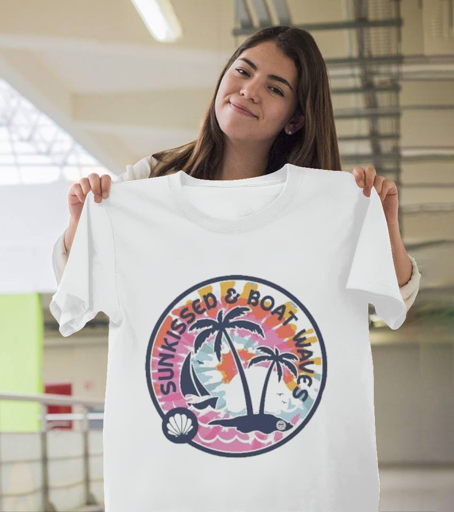 Sunkissed and Boat Waves Palm Trees Shell Sailboat Colorful Circle Emblem T-Shirt