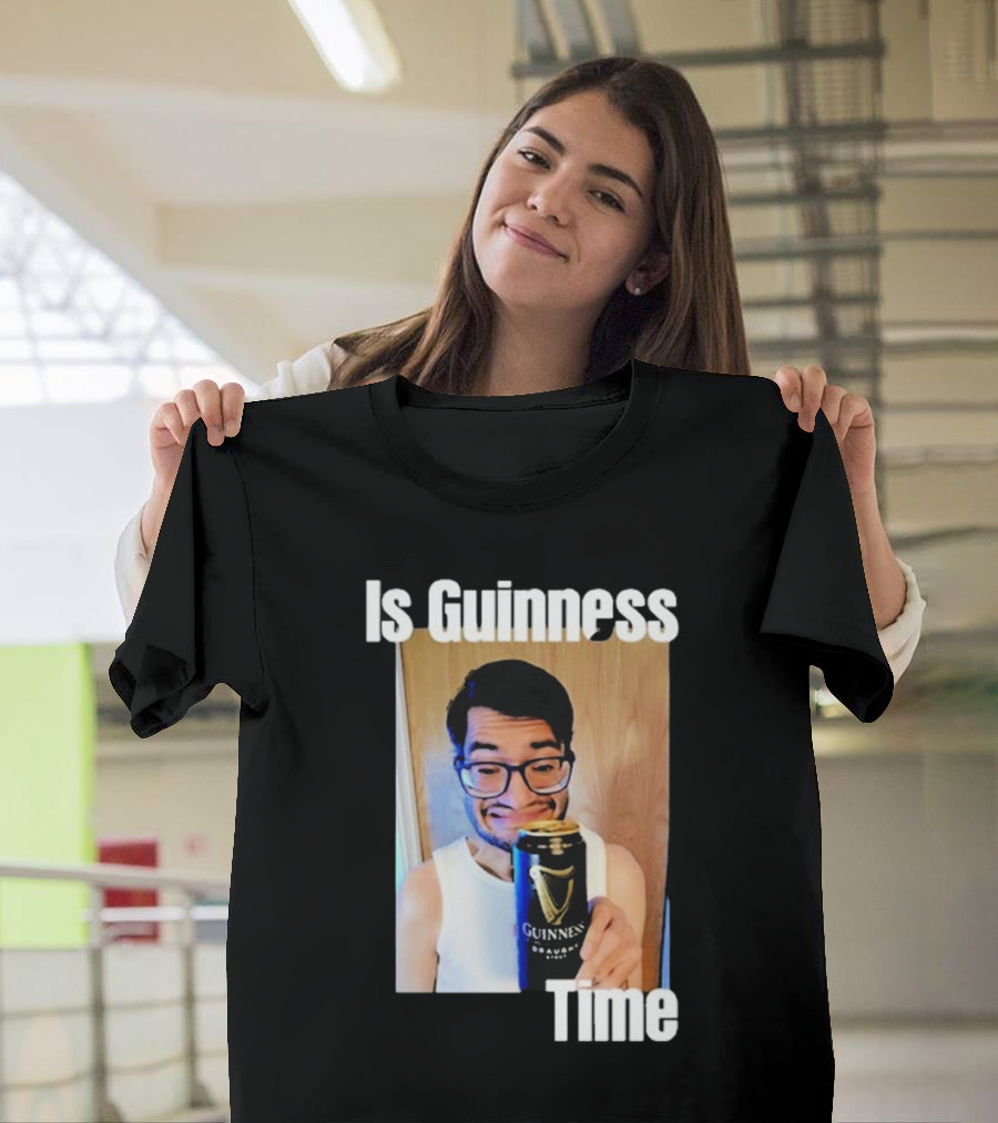 Felipe Canizales Holding Guinness Beer Can with Is Guinness Time Text T-Shirt