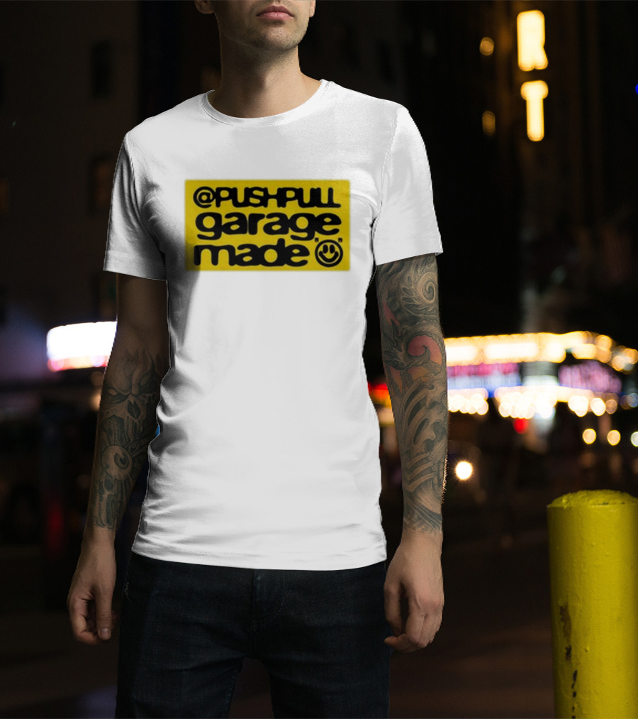 Pushpull Garage Made Smiley Face Yellow Background T-Shirt